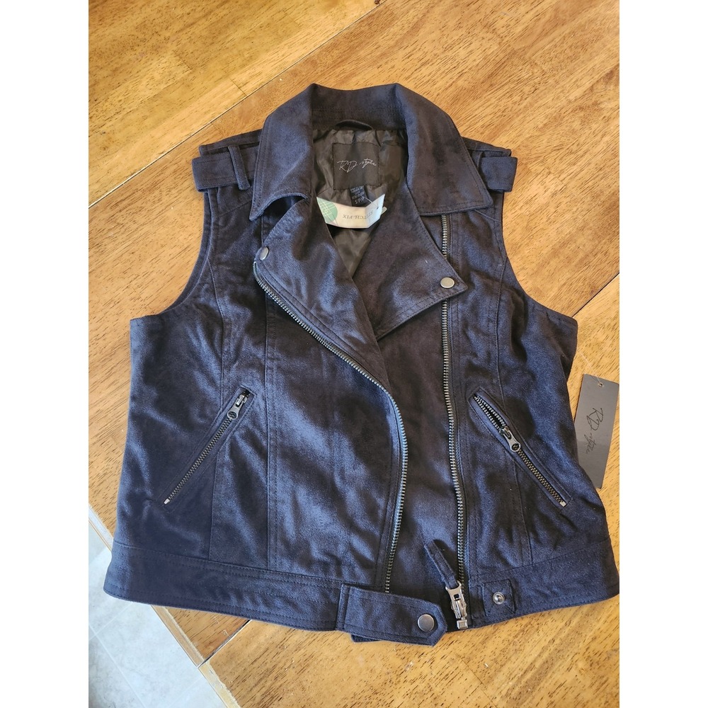 RD STYLE Vest Black Microsuede Diagonal Zip-Front Biker Style Sz S Womens